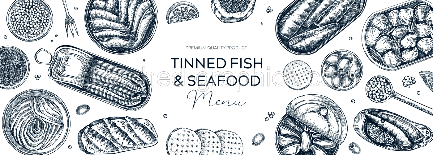 Tinned fish table design. Hand drawn seafood restaurant design in sketch style. Canned fish and shellfish isolated white background. Sardines, caviar, mackerel, tuna, mussels vector food illustrations Illustration